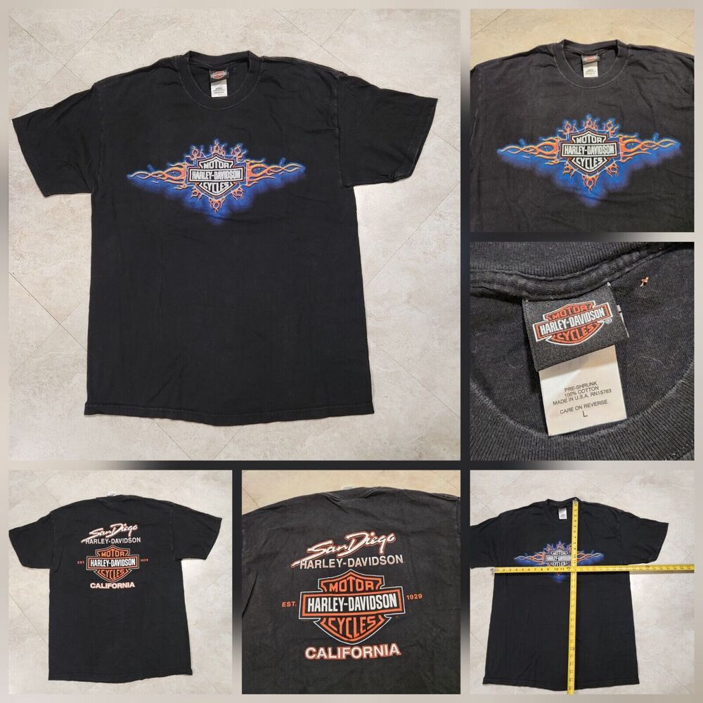 VTG Harley Davidson Motorcycles Mens L Large San Diego CA USA Made Fire T Shirt